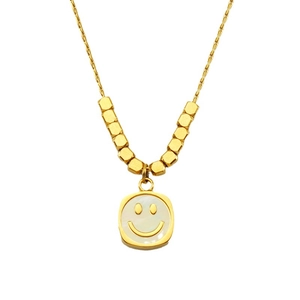 Titanium steel gold necklace with square smiley face shell pendant and hexagon beads
