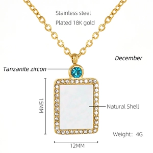 Detail of 18K gold plated stainless steel square shell pendant with CZ and size specs