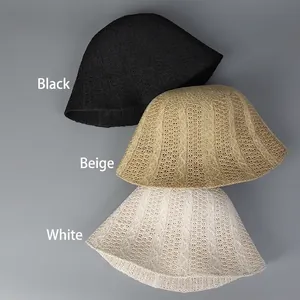Knitted bucket hats for women in black, beige, and white with hollow crochet patterns