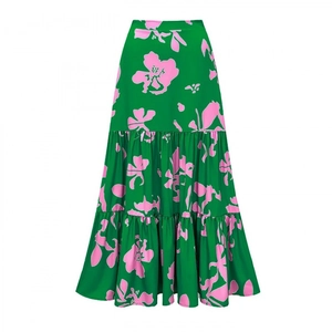 Lange rok met bloemenprint groen en roze met drielaagse ruches aan de zoom