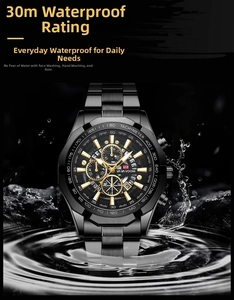 Close-up of black steel chronograph watch with 30m water resistance in splashing water