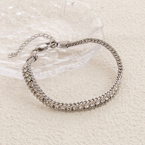 Silver stainless steel double chain bracelet with brilliant zircon and lobster clasp