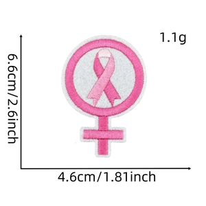 Detail view of pink ribbon embroidered patch with dimensions 6.6x4.6cm and 1.1g weight