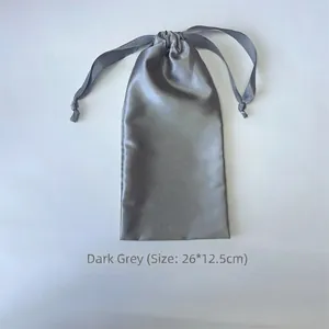 Dark grey satin storage drawstring bag for eye mask measuring 26x12.5cm with smooth texture