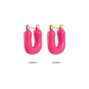 French style U-shaped pink enamel hoop earrings with gold plated stainless steel