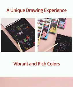 Detail of DIY scratch art notebook showing colorful tiger pattern and wooden stylus pen