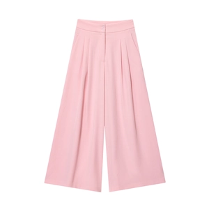 Detail view of pink wide-leg pants featuring high waist and double button closure