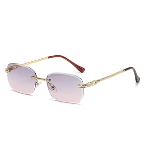 Frameless vintage square sunglasses with gradient lenses and rhinestone golden metal arms