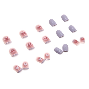 Short square lavender purple press-on nails with heart patterns and solid color glossy finish