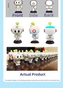 Three-view layout of white and green astronaut figure showing 80mm height and dimensions