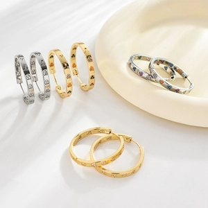 Vintage Copper Heart Zirconia Hoop Earrings For Women Multi Color White Stone Exaggerated Geometric Circles Jewelry Gift