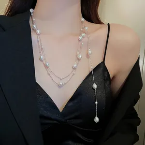 Multi Layer Artificial Pearl Necklace For Women Baroque Irregular Faux Artificial Pearls Long Sweater Chain Alloy Silver Tone Elegant Design