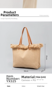 Detailed specs of canvas tote bag with PU leather handles and fringed edges, size 50x10x35cm