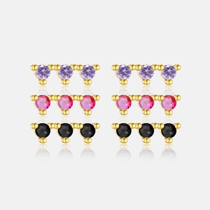 S925 Sterling Silver Triple Zirconia Stud Earrings For Women 18K Gold Plated Vintage Minimalist Round Zirconia Fine Piercing Jewelry