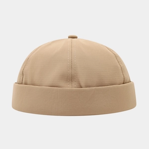 Detailed view of khaki quick-dry miki hat with six-panel stitching and rolled brim