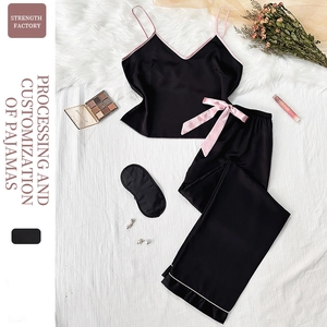Pyjama en Satin de Polyester pour Femmes Haut Et Bas Masque de Nuit Bordure Contrastée Nœud Rose Sans Manches Homewear