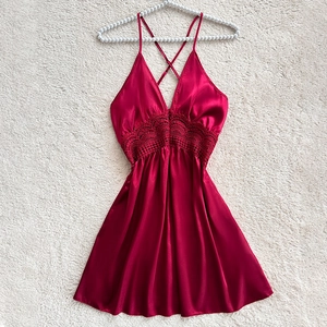 Elegant burgundy satin chemise with deep V-neck and delicate lace waist on pearl hanger