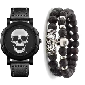 Punk style men's watch set with skull dial and black lava stone beaded bracelet