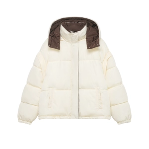 Women Short Puffer Jacket Hooded Contrast Lining Quilted Padded Coat Casual Warm Outwear Polyester Zip Button Cream