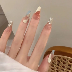 Blue and white French coffin press-on nails with silver lines and rhinestones