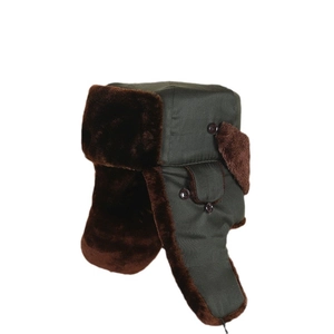 Winter ushanka trapper hat in dark green canvas with warm faux fur lining and ear flaps