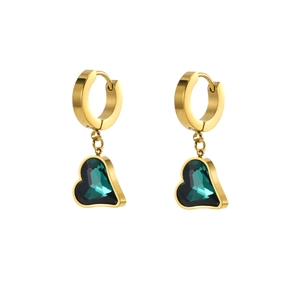 Minimalist gold titanium steel hoop earrings featuring emerald heart crystal pendants