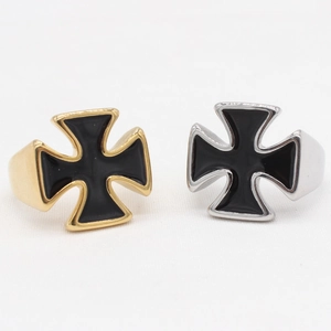 Men's stainless steel gothic cross rings in gold and silver finish with black enamel