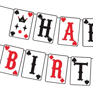 Détail d'une bannière Happy Birthday sur le thème du poker avec cartes rouges et noires