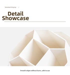 Close-up of matte beige rotating desk organizer showing smooth edges and multi-slot detail