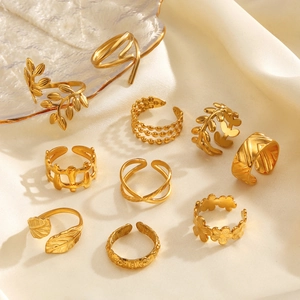 Set of 10 minimalist 18K gold plated leaf and flower stackable open rings for women