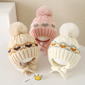 Kids Knit Earmuff Hat Heart Jacquard Pom Pom Winter Warm Beanie With Chin Strap Toddler Girls Boys