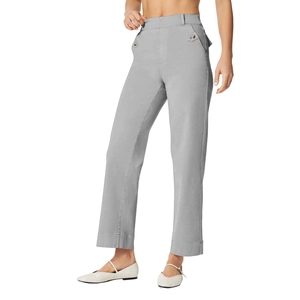 Detail shot of the high-waist grey wide-leg jeans with button accents and draped fabric