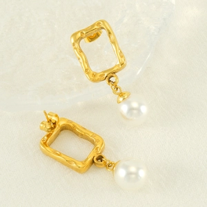 Vintage Square Hollow Hammered Texture Artificial Pearl Drop Earrings 18K Gold Plated Stainless Steel Geometric Jewelry For Women