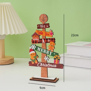 Detailed view of 22cm wooden Christmas tree desktop ornament with festive English greeting