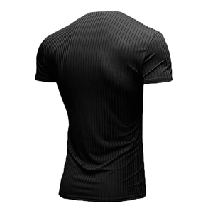 Detail view of men's black V-neck gym t-shirt featuring vertical ribbed texture on back