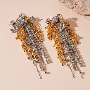 Elegant gold and silver ear drops with wheat tassel fringe and square zircon stones