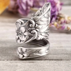 Vintage Blumen Ring Legierung Offener Verstellbarer Pfingstrose Silberfarben Oxidiert Schmuck Damen