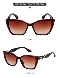 Detail view of brown cat-eye sunglasses with golden V-shaped metal temple accents