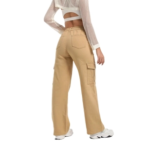 Women's khaki high-waisted cargo pants featuring back pockets and wide-leg silhouette