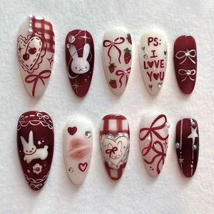 Wine Red Almond Press On Nails With Rabbit Strawberry Bow Artificial Pearl Rhinestone Glossy French Fake Nails For Women