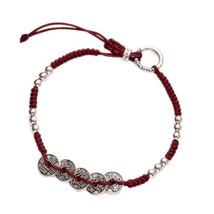 Handmade red cord bracelet with five Chinese Qing dynasty coins and silver accents