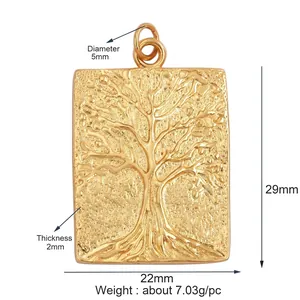 Golden rectangular tree of life charm with vintage relief details and size specifications