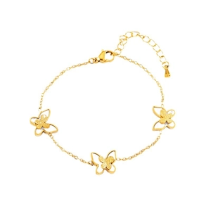 Elegant gold stainless steel bracelet featuring three frosted and hollow butterfly charms