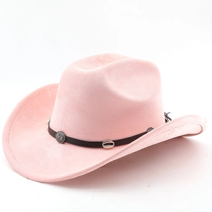 Detail of pink faux suede cowboy hat featuring a black band with silver sunburst studs