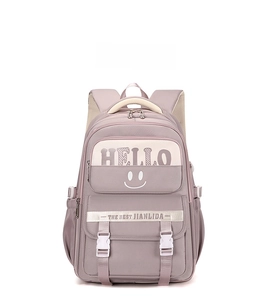 Detailed front view of purple school backpack with dual buckles and smiley face logo
