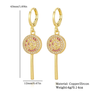 Detailed view of gold lollipop earrings with pink and white cubic zirconia dimensions