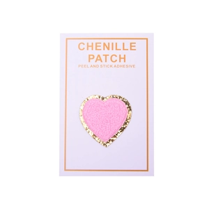 Pink heart chenille patch with gold glitter edge and peel and stick adhesive backing