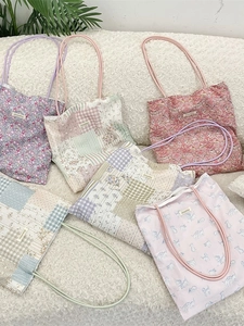 Γυναικεία Τσάντα Tote Ώμου Πολυεστέρας Καμβάς Floral Print Γάτας Καρό Φιόγκος Κέντημα Μαγνητικό Κούμπωμα Κορεάτικο Γλυκό