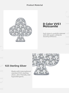 Détail d'une puce d'oreille trèfle en argent S925 avec moissanite de couleur D VVS1