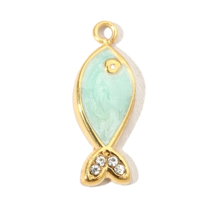 Detail of fish-shaped titanium steel pendant with mint green enamel and sparkling rhinestones